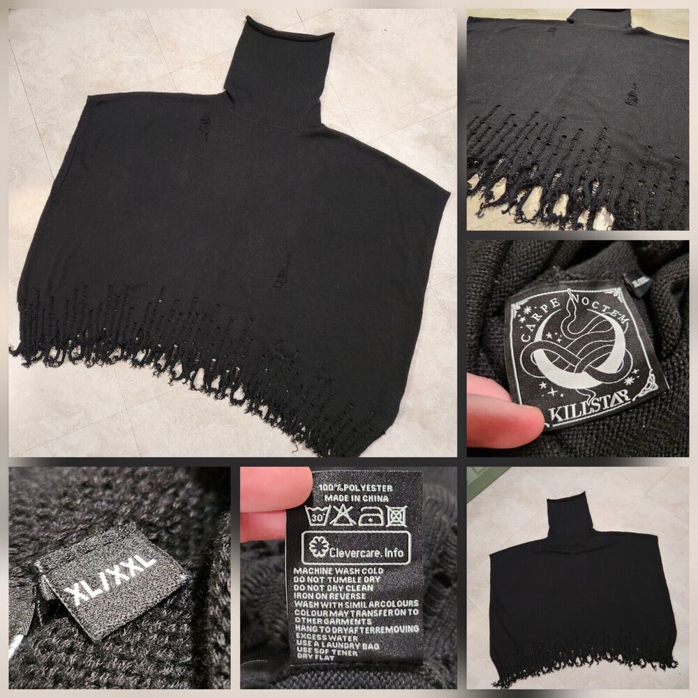 Killstar Womens XL 2XL‎ Black Knit Sleeveless Pullover Sweater Poncho Turtleneck